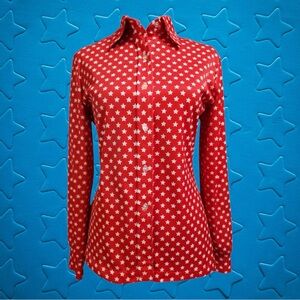 Vintage Jack Winter Red & White Star Print Long Sleeve Blouse Size M